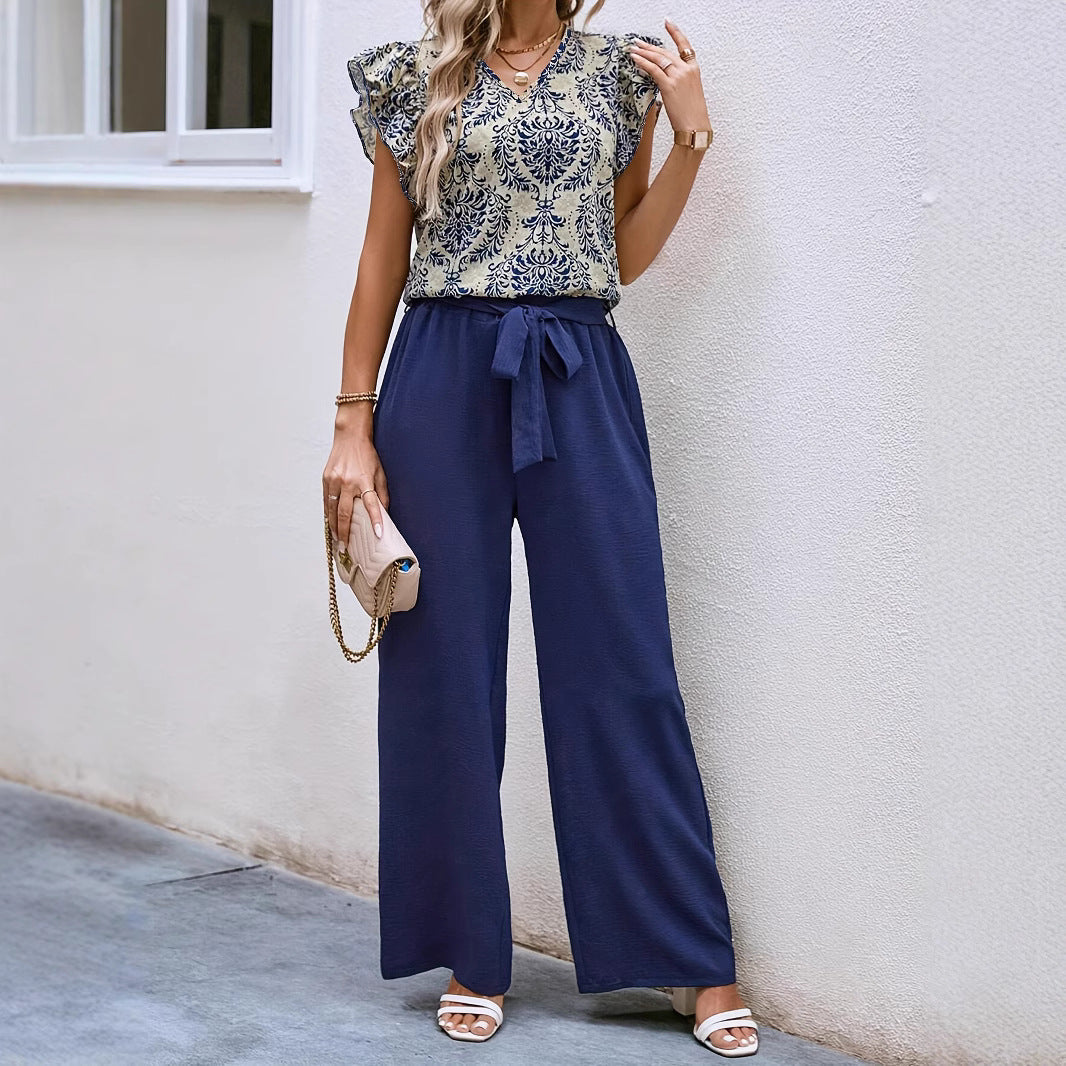 Women’s Matching Set – V-Neck Floral Top with Ruffled Sleeves – Belted Wide-Leg Trousers