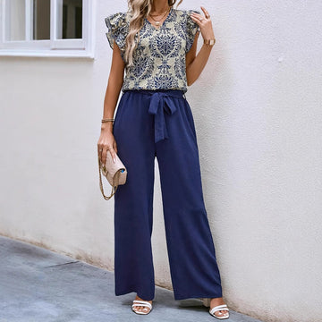 Women’s Matching Set – V-Neck Floral Top with Ruffled Sleeves – Belted Wide-Leg Trousers