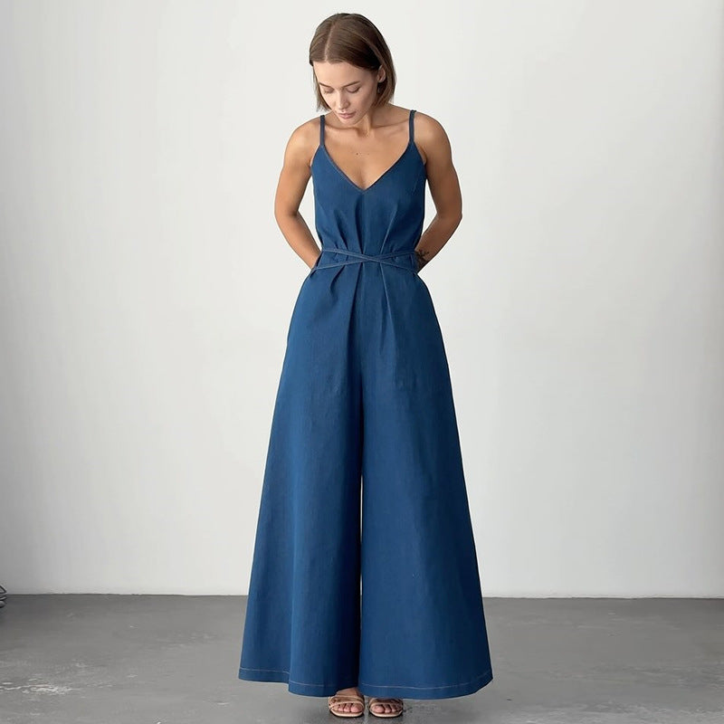 Women’s Jumpsuit – V-Neck Linen Blend – Wide Leg – Sleeveless – Tie Waist – Loose Fit