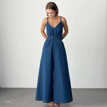 Women’s Jumpsuit – V-Neck Linen Blend – Wide Leg – Sleeveless – Tie Waist – Loose Fit
