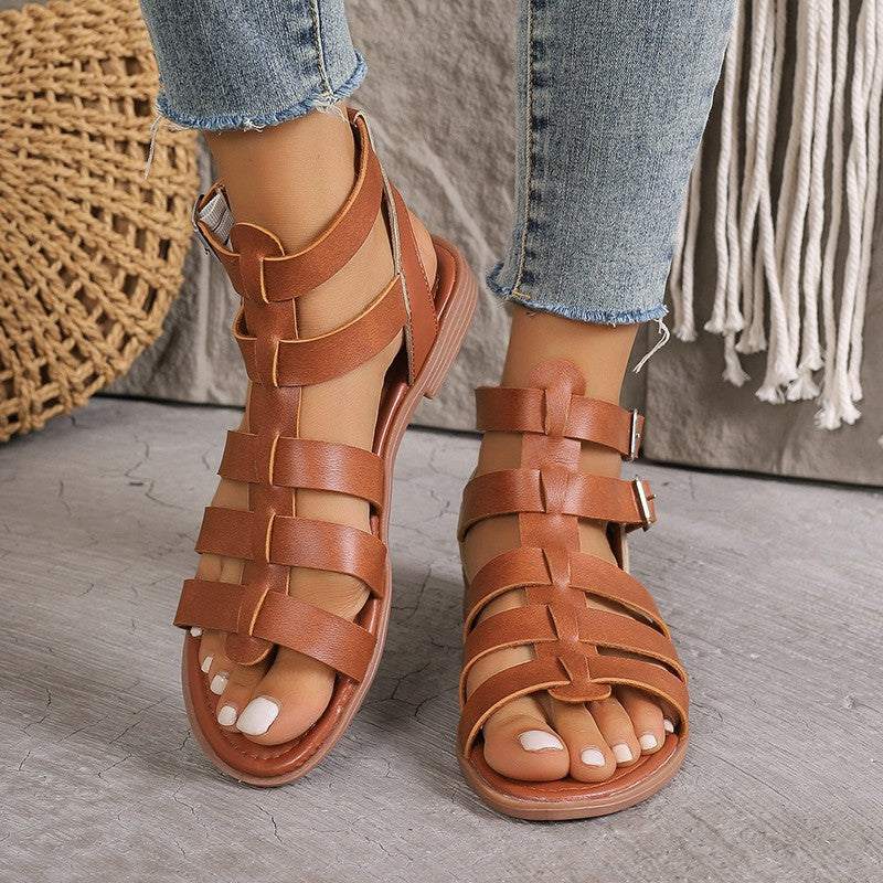 Women’s Flat Sandals – Faux Leather – Roman Style – Open Toe – Buckled Ankle Strap