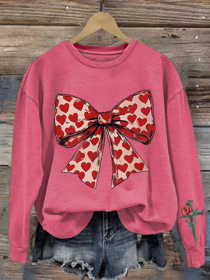Women’s Sweatshirt – Relaxed Oversized Fit – Crew Neck – Graphic Bow and Rose Print
