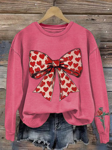 Women’s Sweatshirt – Relaxed Oversized Fit – Crew Neck – Graphic Bow and Rose Print