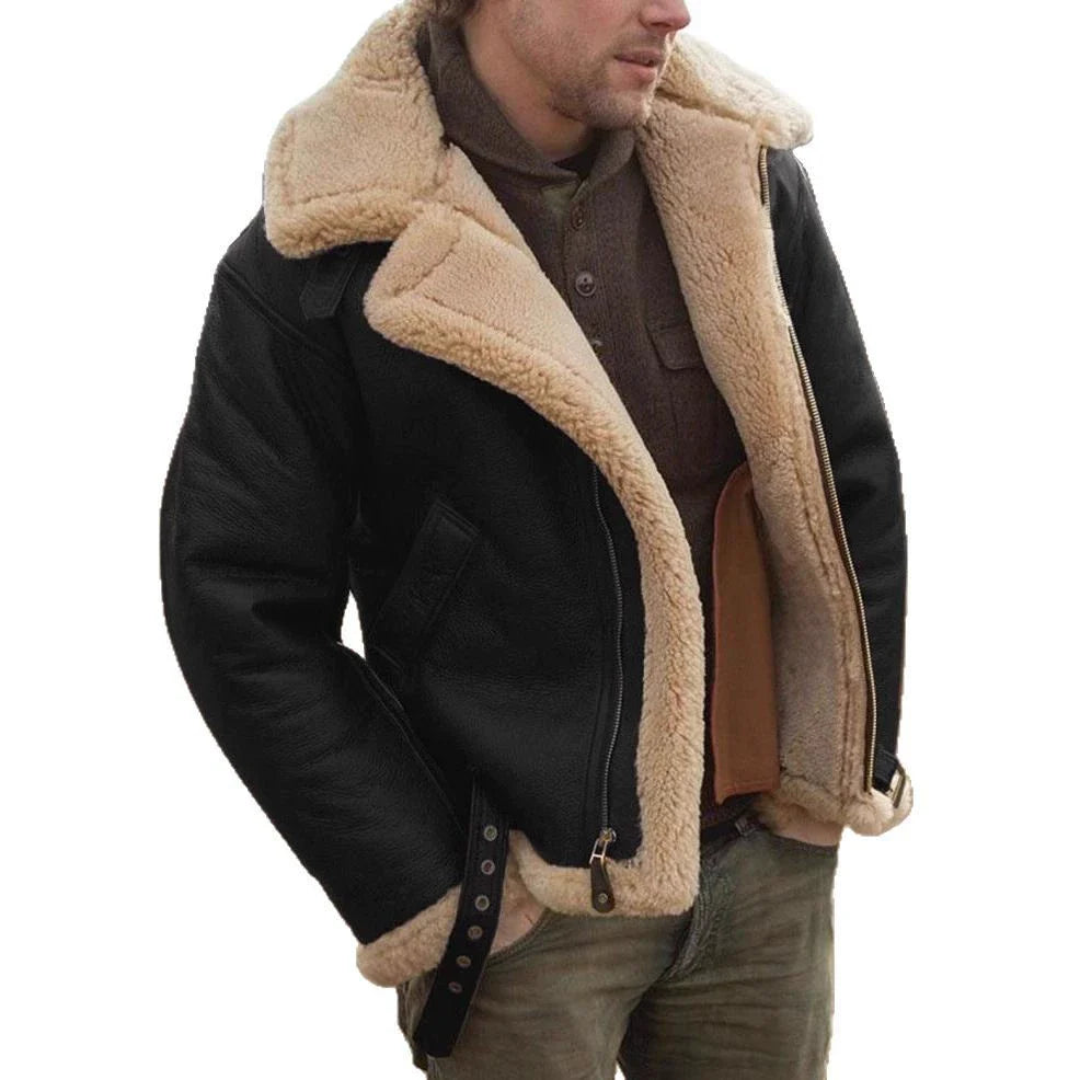 Men’s Aviator Jacket – Shearling Collar and Cuffs – Faux Leather – Full-Zip – Adjustable Straps
