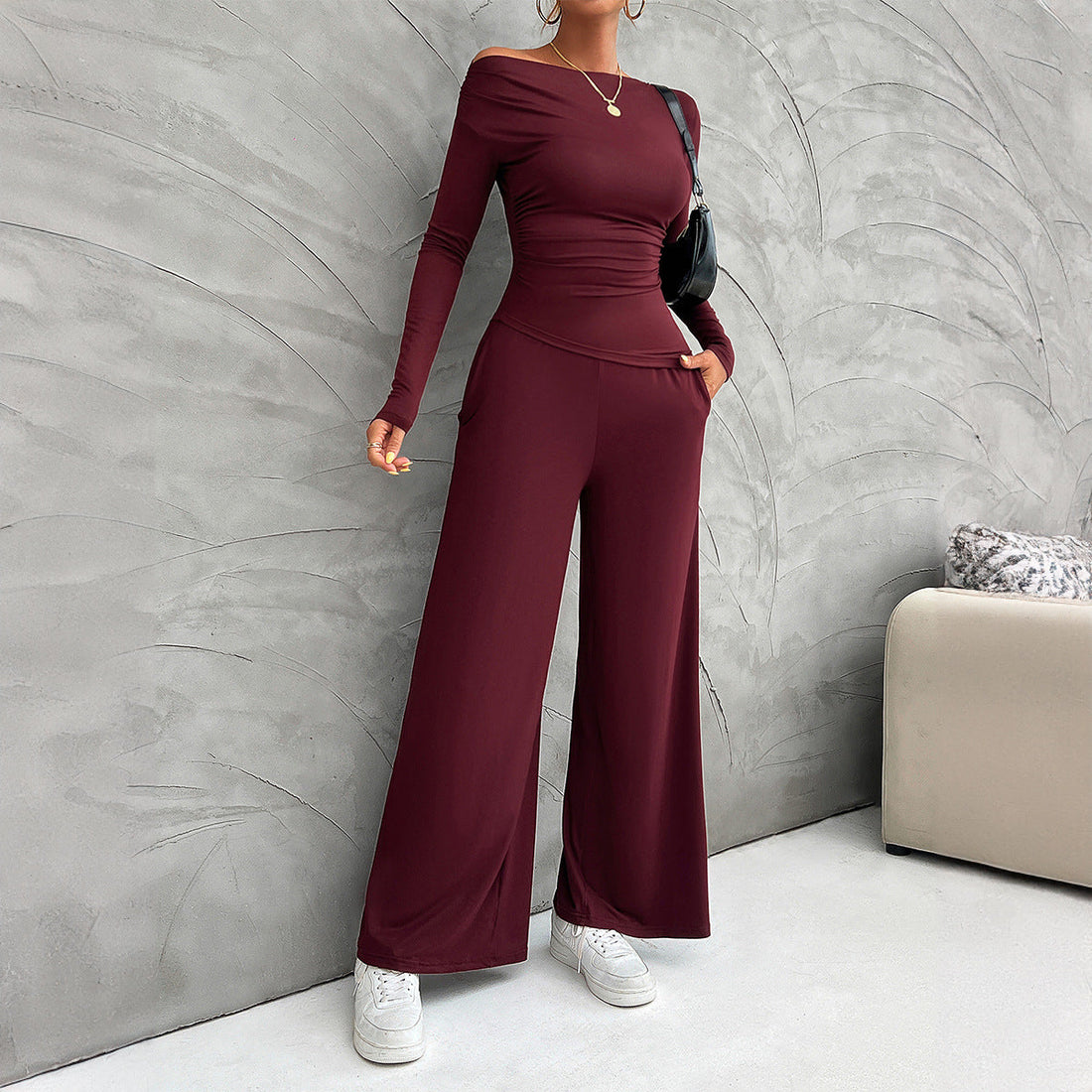 Women’s Matching Set – Stretch Jersey Slim Fit Top – High Waist Wide Leg Trousers