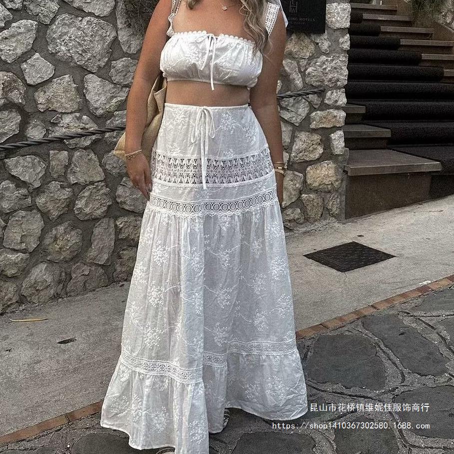 Women’s Two-Piece Set – Lace Off-Shoulder Crop Top – High Waist Tiered Maxi Skirt