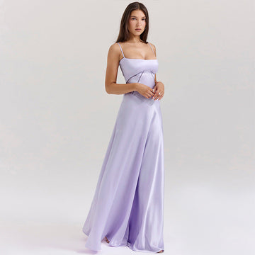 Women’s Evening Gown – Satin A-Line – Spaghetti Straps – Cut-Out Waist – Full Length