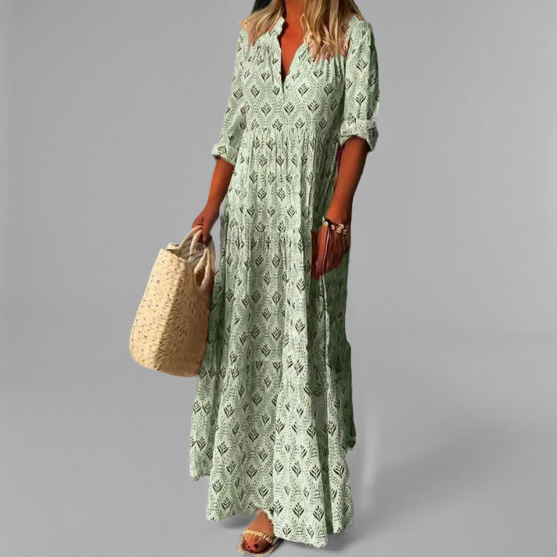Women’s Maxi Dress – Relaxed Fit – Natural Fibers – V-Neck – Boho Print – 3/4 Sleeve