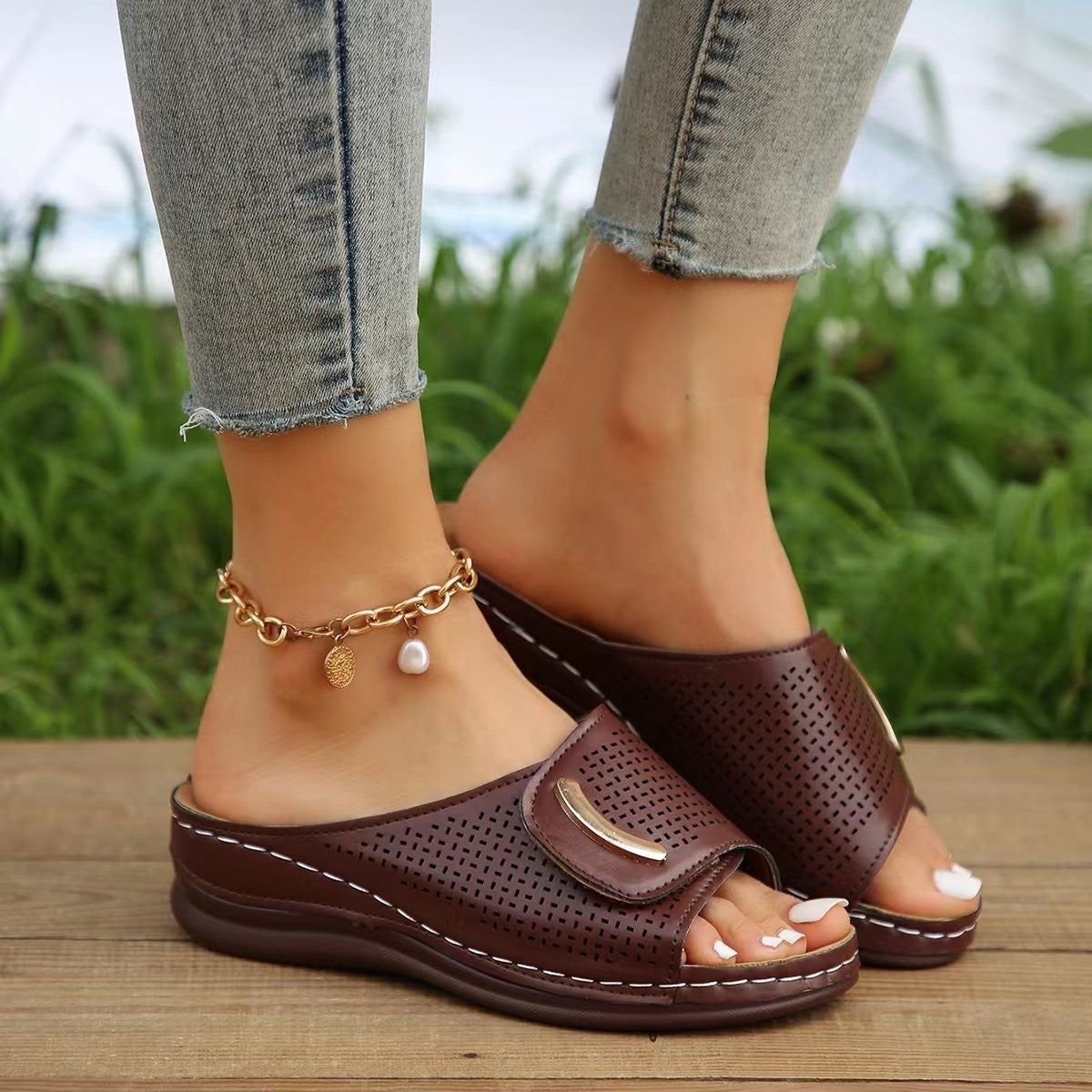 Women’s Wedge Sandals – Slip-On – Wide Perforated Strap – Open Toe Casual Fit
