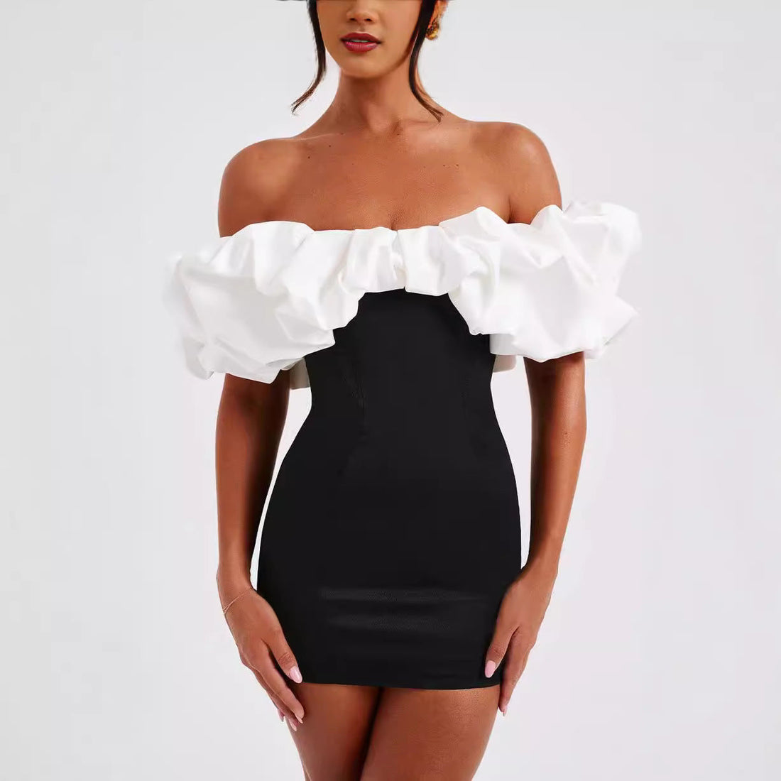 Women’s Mini Dress – Bodycon Slim Fit – Off Shoulder – Ruffled Neckline Party Wear