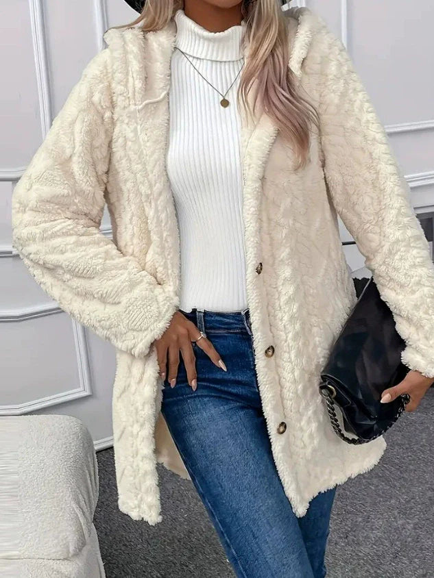 Women’s Long Jacket – Plush Fleece – Oversized Fit – Hooded – Button Front Closure