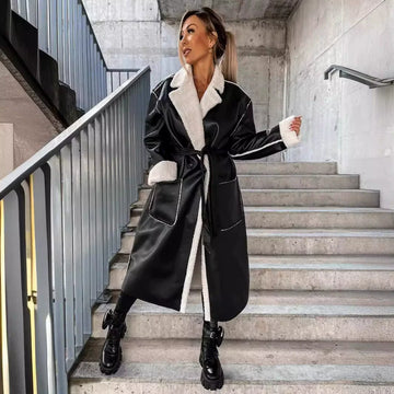 Women’s Long Coat – Faux Leather – Oversized Wrap Fit – Plush Trim – Tie Belt