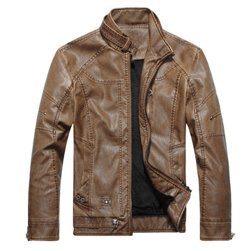 Men’s Biker Jacket – Slim Fit PU Leather – Asymmetrical Zip – Stand Collar – Lined