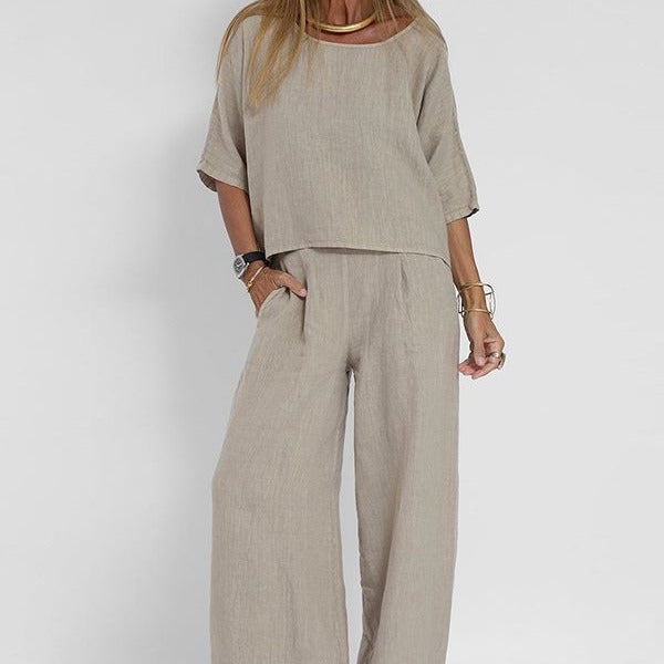 Women’s Two-Piece Set – Linen Blend – Relaxed Fit – Short Sleeve Top & Wide-Leg Trousers