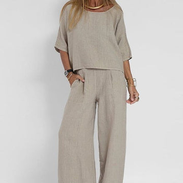 Women’s Two-Piece Set – Linen Blend – Relaxed Fit – Short Sleeve Top & Wide-Leg Trousers