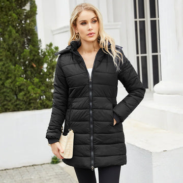 Women’s Puffer Jacket – Quilted Insulated – Detachable Hood – Ribbed Cuffs – Mid-Length Fit