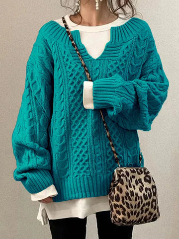 Women’s Sweater – Wool Blend – Oversized Fit – Cable Knit – Deep V-Neck – Long Sleeve