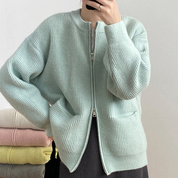 Women’s Knit Cardigan – Ribbed Wool Blend – Oversized Fit – Dual Zipper – Medium Length
