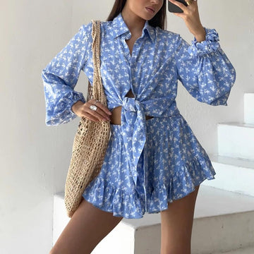Women’s Two-Piece Set – Tie-Front Shirt – High-Waist Ruffle Shorts – Floral Print