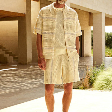 Men’s Knit Set – Relaxed Fit Cardigan and Shorts – Lightweight Open Knit Casual Wear