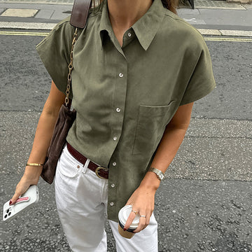 Women’s Sleeveless Shirt – Cotton Linen – Relaxed Fit – Button Front – Chest Pocket