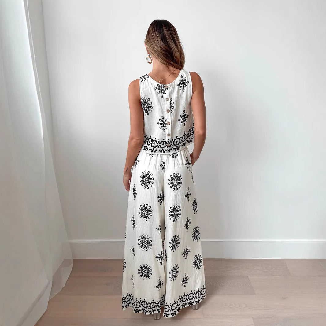 Women's Two-Piece Set - Halter Neck Sleeveless Top - Wide-Leg Drawstring Pants - Printed