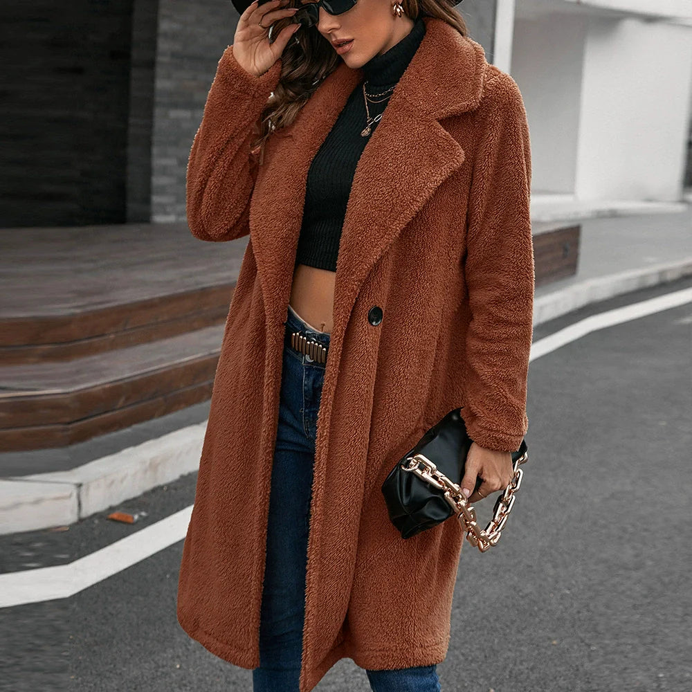 Women’s Windbreaker Coat – Relaxed Fit – Wool Texture – Single-Breasted – Mid Length