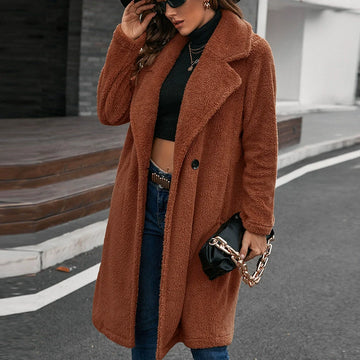 Women’s Windbreaker Coat – Relaxed Fit – Wool Texture – Single-Breasted – Mid Length