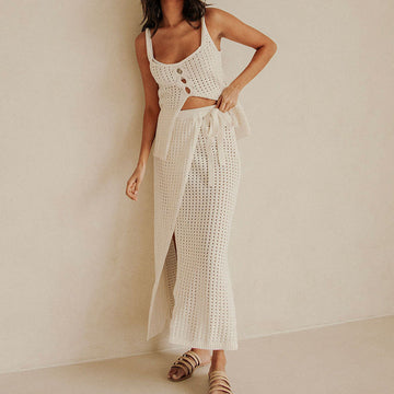 Women’s Two-Piece Knit Set – Cropped Button Top – Slit Maxi Skirt – Lightweight Fabric