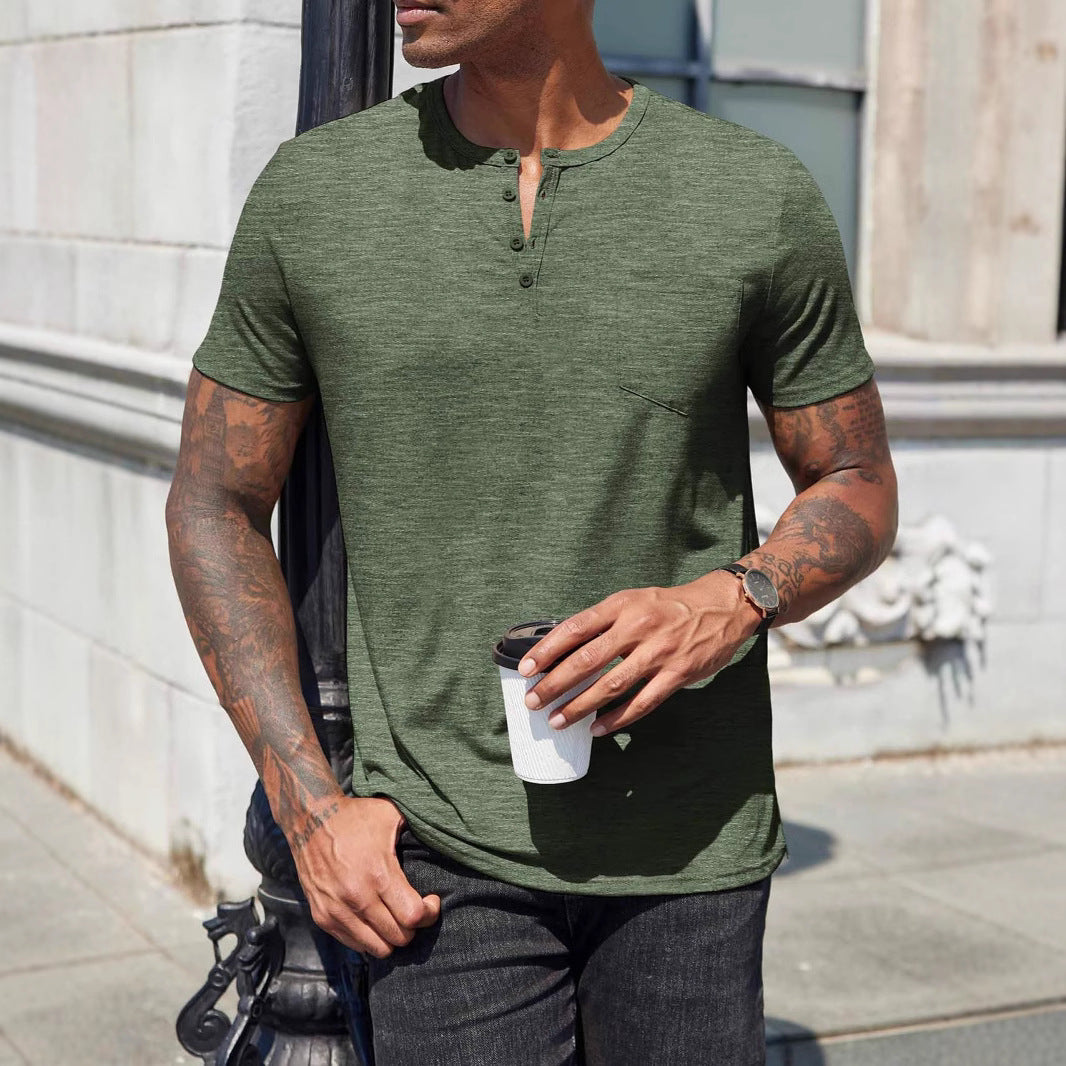 Men’s Slim Fit T-Shirt – Soft Cotton Blend – Henley Neck – Chest Pocket Casual Wear