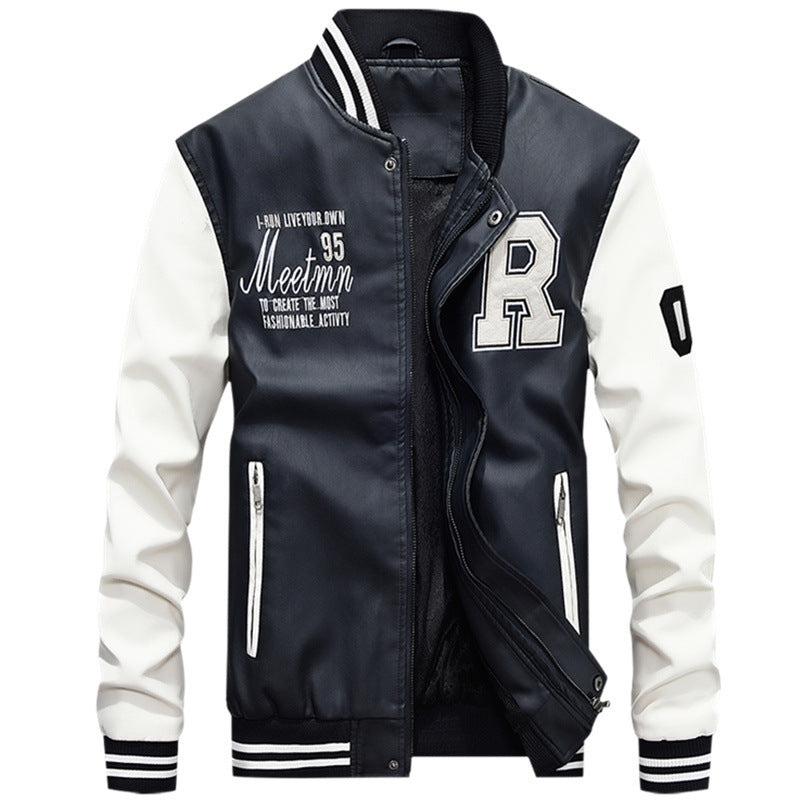 Men’s Varsity Jacket – Leather Body – Ribbed Trim – Snap Front – Embroidered Patches