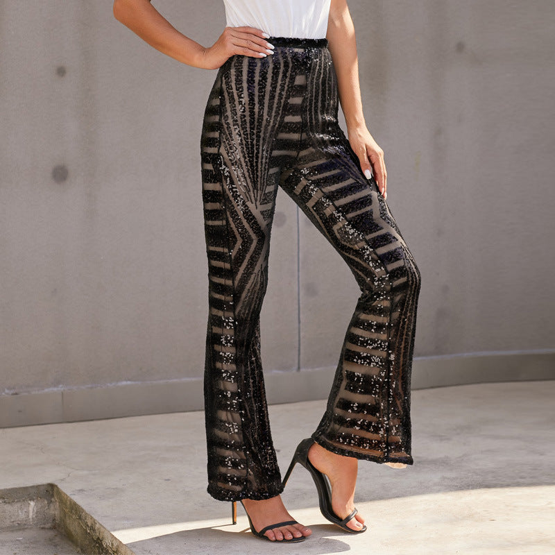 Women’s Wide Leg Trousers – High Waist – Sequin Embellished – Full Length Fit
