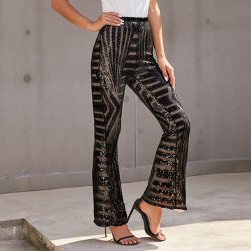 Women’s Wide Leg Trousers – High Waist – Sequin Embellished – Full Length Fit