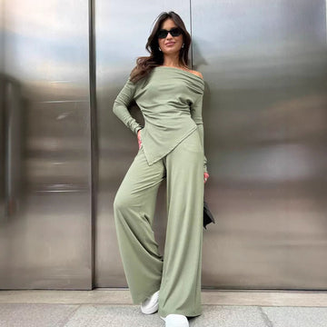 Women’s Knit Set – Off-Shoulder Asymmetrical Top – Wide-Leg Stretch Trousers