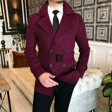Men’s Short Jacket – Tailored Fit – Wool Blend – Double-Breasted – Belted Waist