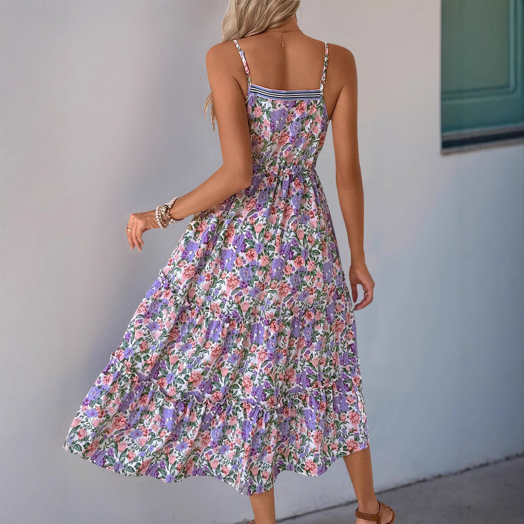 Women’s Midi Dress – Fit and Flare – Floral Print – Ruffle Hem – Drawstring Waist