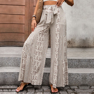 Women’s Wide-Leg Trousers – High Waist – Lightweight Cotton Blend – Boho Patchwork