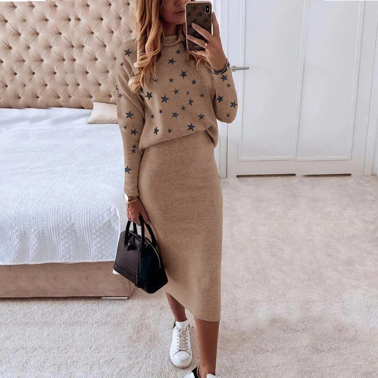 Women’s Two-Piece Set – Knit High Neck Top – Star Pattern – Slim Fit Midi Skirt