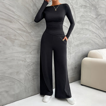 Women’s Matching Set – Stretch Jersey Slim Fit Top – High Waist Wide Leg Trousers