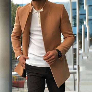 Men’s Overcoat – Slim Fit – Wool Blend – Standing Collar – Concealed Placket