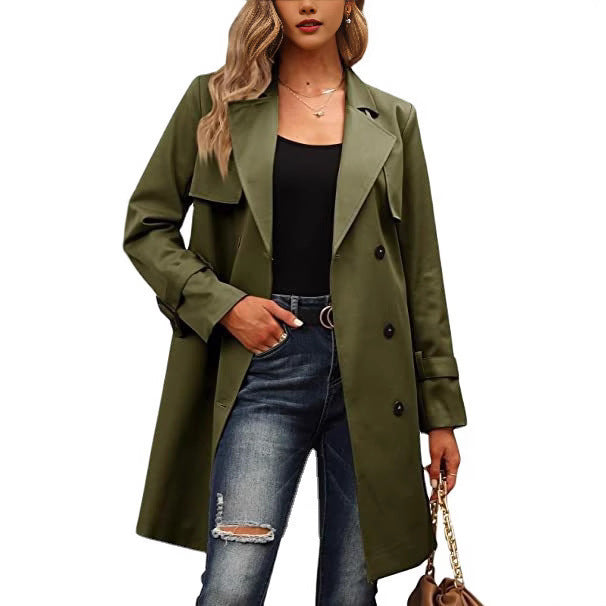 Women’s Long Coat – Wool Blend – Tailored Fit – Double-Breasted with Wide Lapels