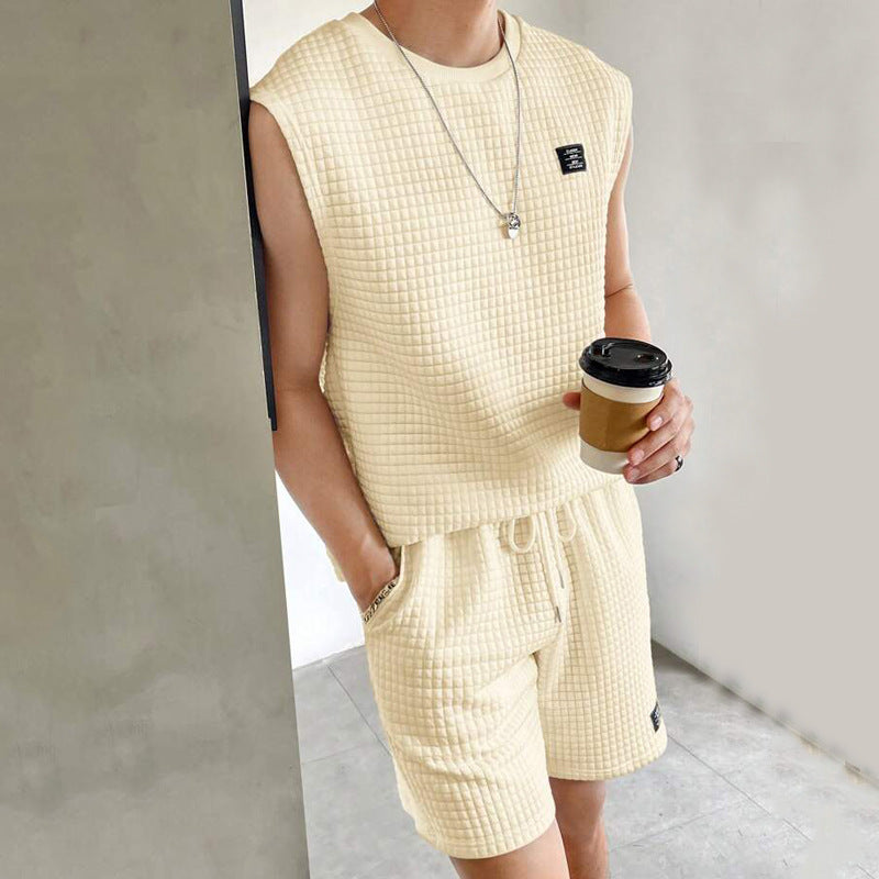 Men’s Lounge Set – Waffle Knit – Relaxed Fit – Sleeveless Top and Drawstring Shorts