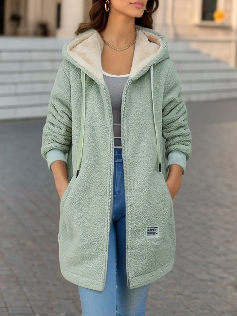 Women’s Hooded Jacket – Lambskin Plush – Oversized Fit – Zipper Front – Mid-Length
