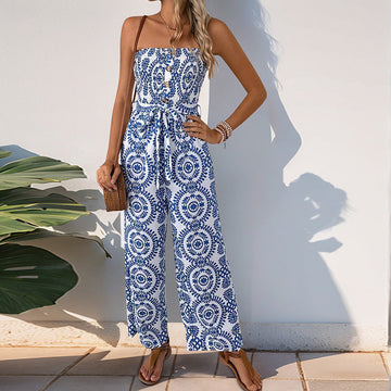 Women’s Strapless Jumpsuit – Wide Leg – Elastic Waist – Button Front – Breathable Cotton