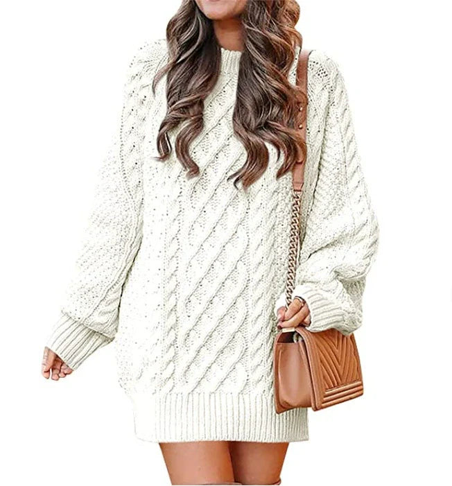 Women’s Sweater Dress – Wool Blend – Oversized Fit – Cable Knit – Mid Length – Long Sleeve