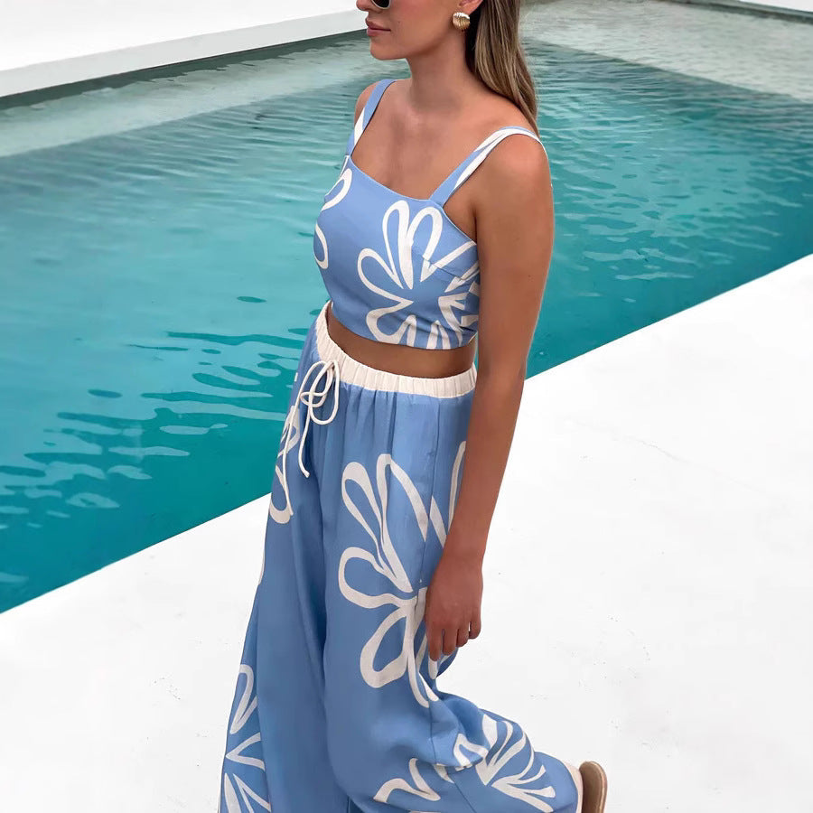 Women's Two-Piece Set - Floral Strappy Crop Top & High-Waisted Wide-Leg Pants