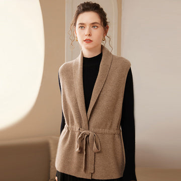 Women’s Cashmere Vest – Relaxed Fit – Shawl Collar – Belted Waist – Hip Length Layering