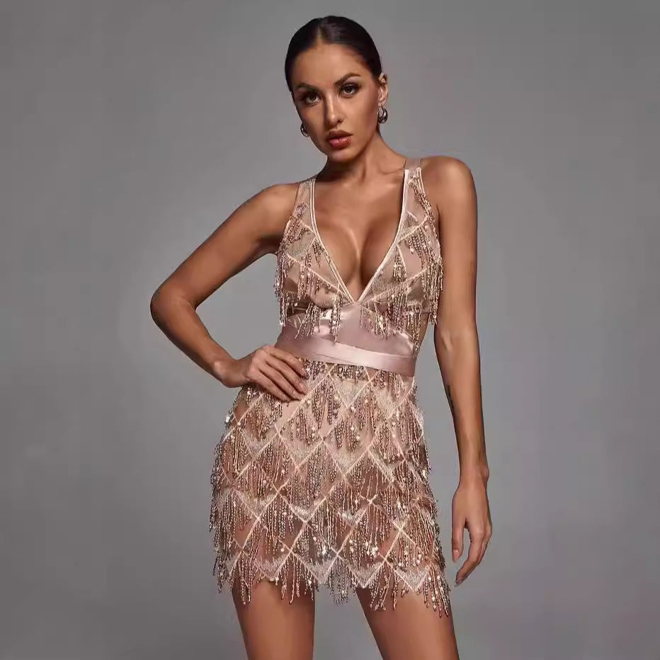 Women’s Midi Dress – Fitted Silhouette – Sequin Tassels – Plunging V-Neck Evening Wear