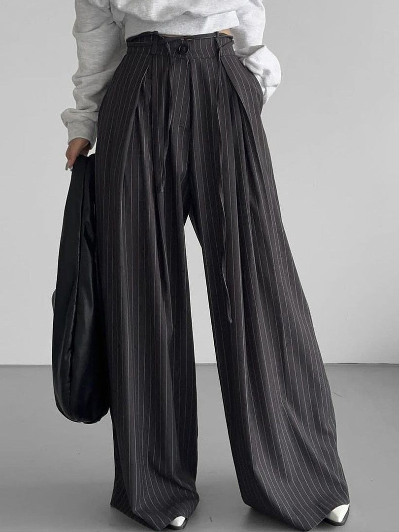 Women's Wide-Leg Trousers - High Waist - Pinstripe Draped Suit Pants - Relaxed Fit