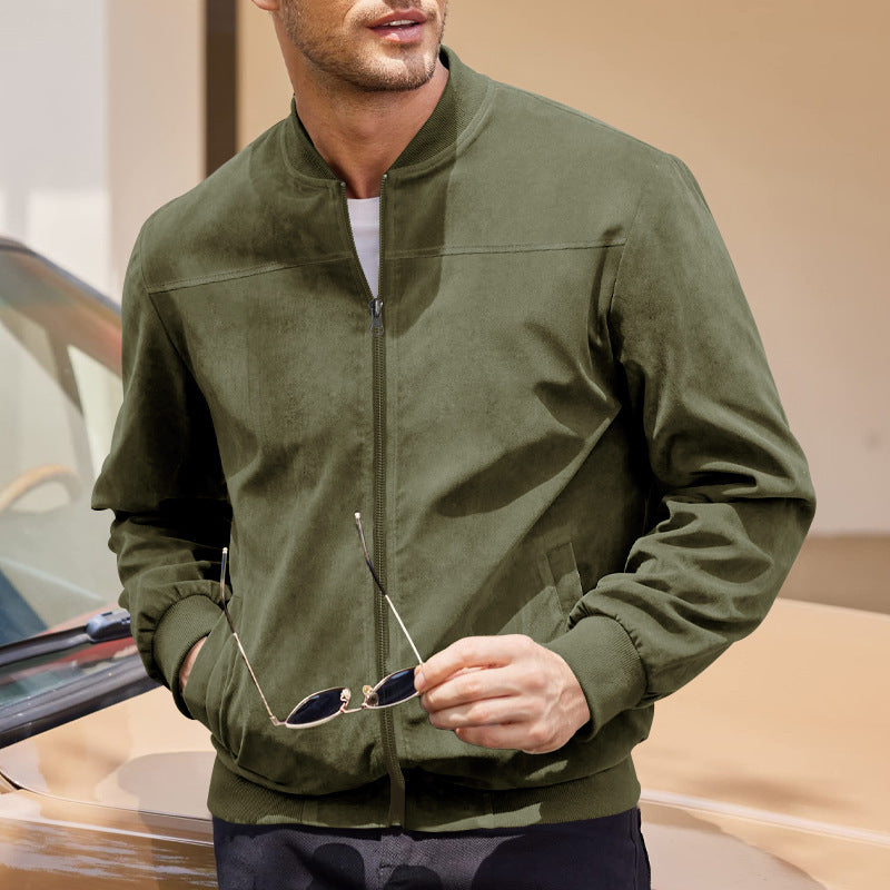Men’s Bomber Jacket – Suede-Like Finish – High Collar – Elastic Hem & Cuffs – Zip Front